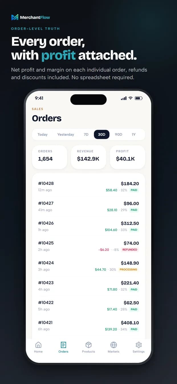 Orders screen showing per-order net profit and margin