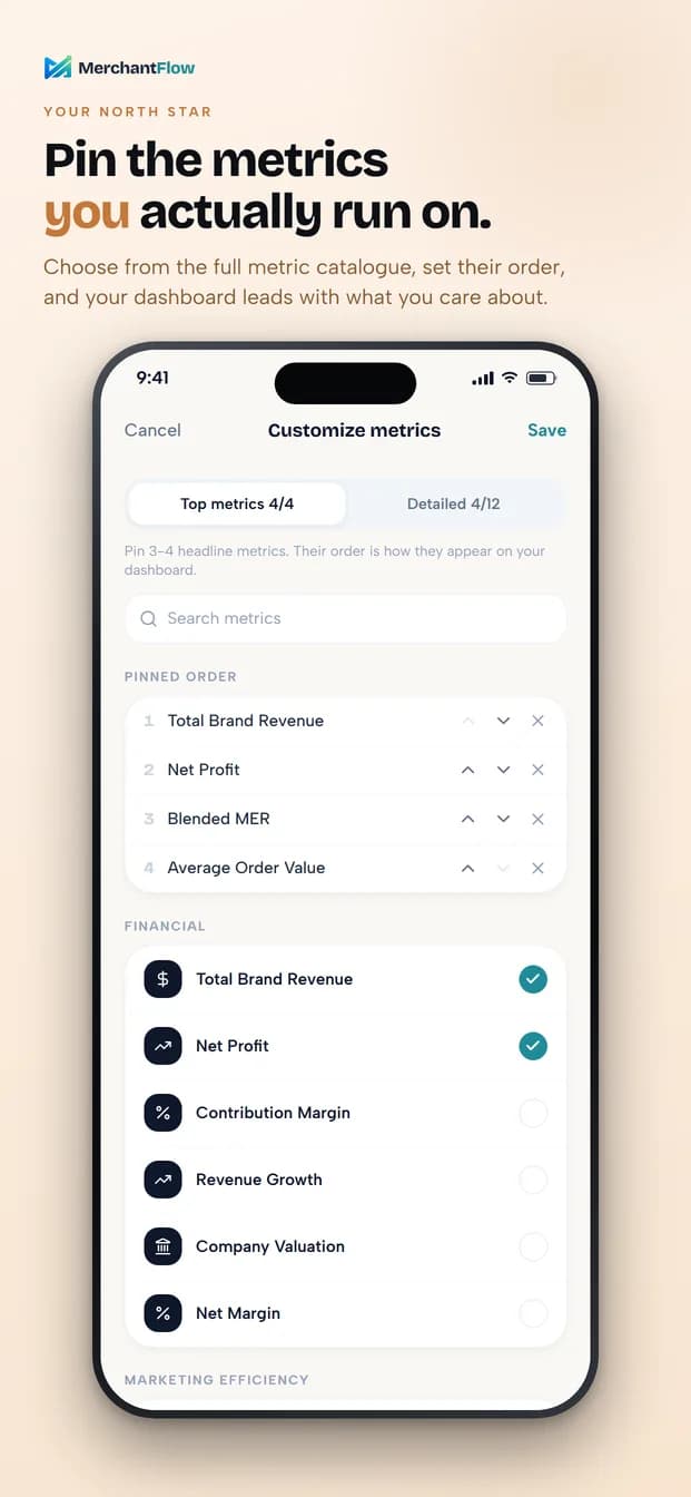 Metric picker screen for customising North Star metrics