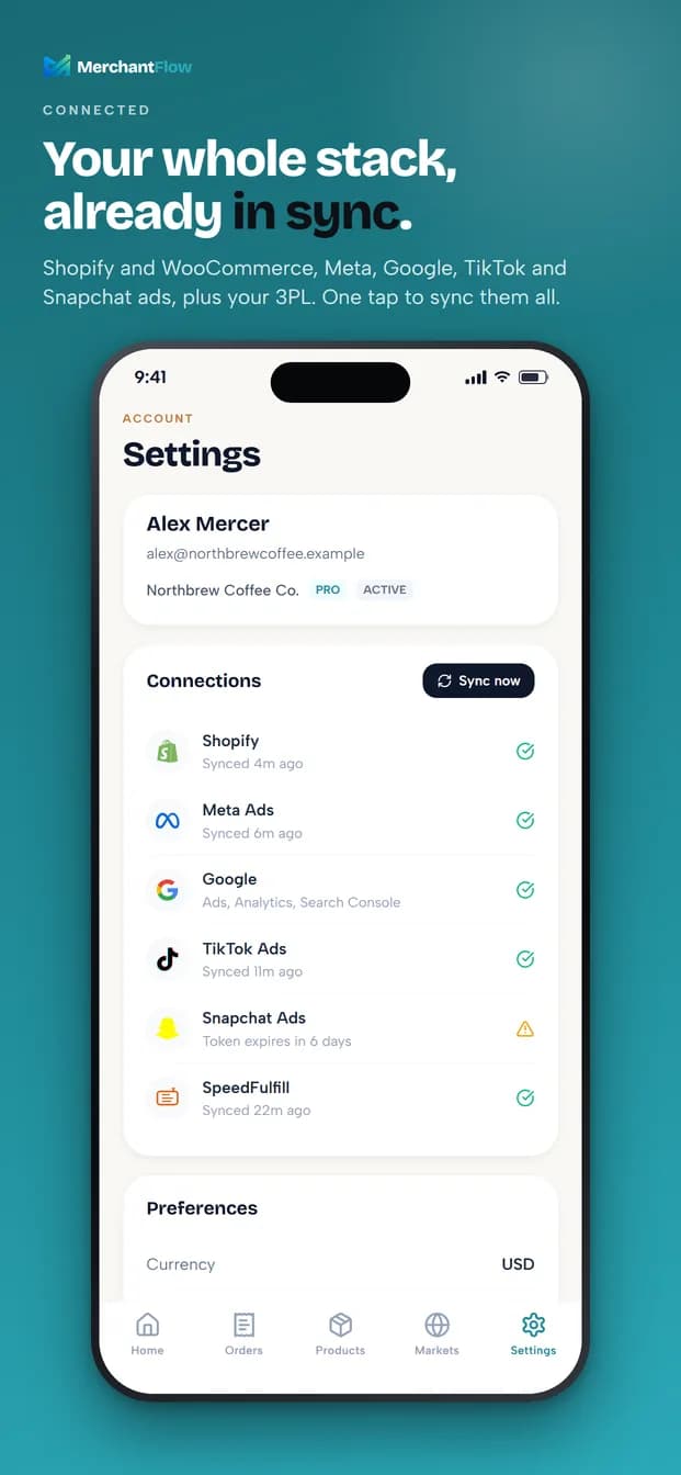 Connections screen showing integration health and a sync button