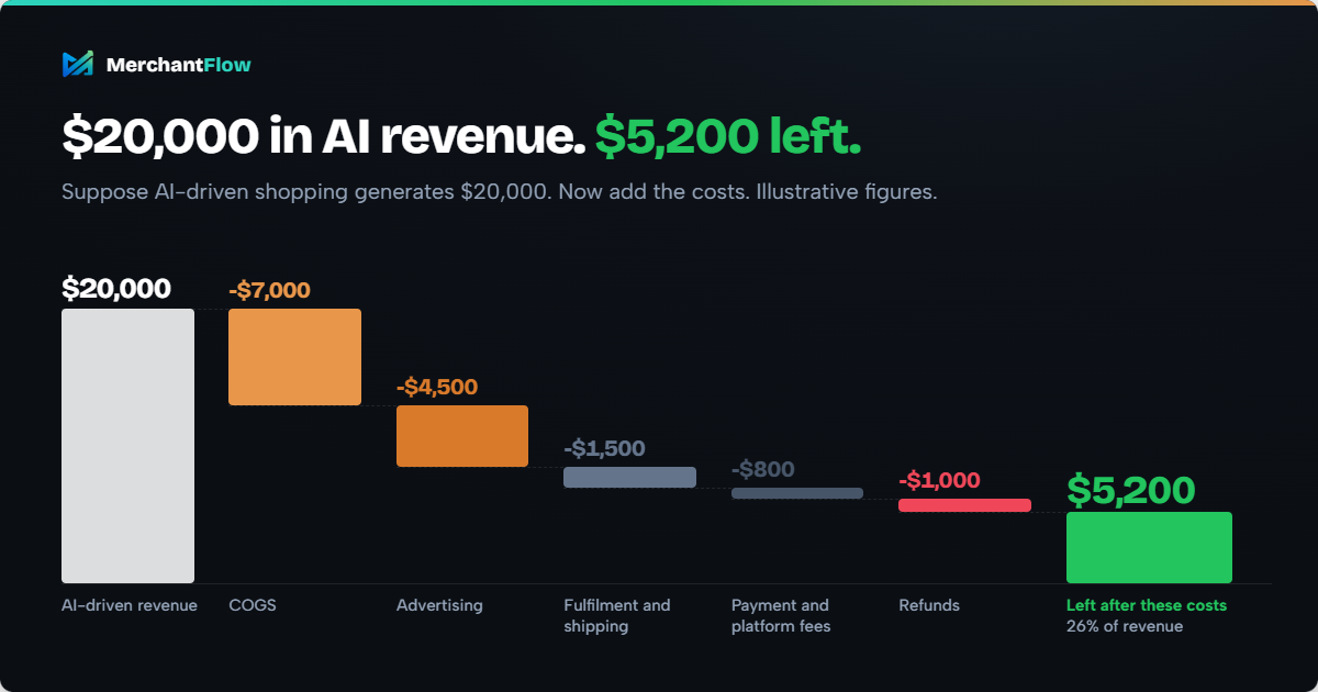 Waterfall chart: $20,000 in AI-driven revenue minus COGS, advertising, fulfilment, fees and refunds leaves $5,200, or 26% of revenue