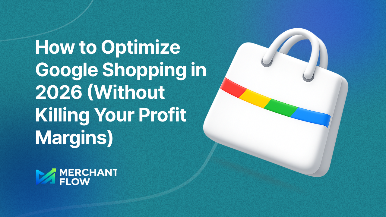 3D shopping bag icon with Google color stripe next to headline about optimizing Google Shopping in 2026 without hurting profit margins, on blue gradient background.