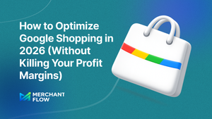 3D shopping bag icon with Google color stripe next to headline about optimizing Google Shopping in 2026 without hurting profit margins, on blue gradient background.